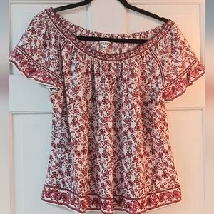 Bohemian, Cottagecore Max Studio Scarlet Floral Top With Flutter Ruffle Sleeves